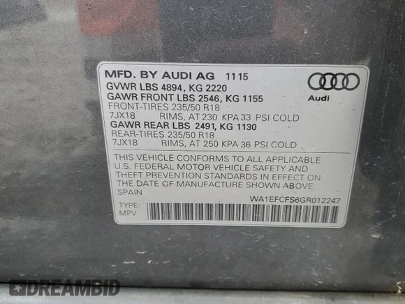 2016 Audi Q3 Premium Plus with VIN WA1EFCFS6GR012247, listed as a Copart auction lot 51209635 with 132,507 mi miles and Salvage Title. Bid and sale history available at carsss.com. Image 15.