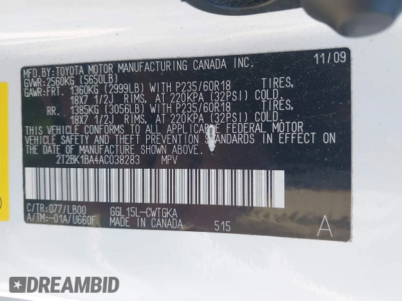 2010 Lexus RX 350 with VIN 2T2BK1BA4AC038283, listed as a IAAI auction lot 42522693 with 119,934 mi miles and . Bid and sale history available at DreamBid. Image 9.