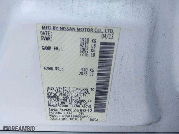 2013 Nissan Altima 2.5 SL with VIN 1N4AL3AP6DC269042, listed as a IAAI auction lot 40745081 with 120,256 mi miles. Bid and sale history available at carsss.com. Image 9.
