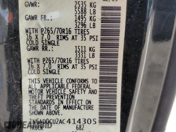 2010 Nissan Frontier SE with VIN 1N6AD0CU2AC414305, listed as a Copart auction lot 61549075 with 87,229 mi miles and Clean title. Bid and sale history available at DreamBid. Image 12.