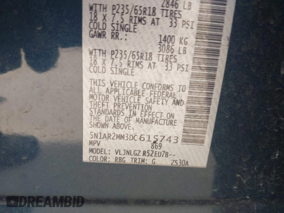 2013 Nissan Pathfinder SL with VIN 5N1AR2MM3DC615743, listed as a IAAI auction lot 42521969 with 168,814 mi miles and . Bid and sale history available at DreamBid. Image 9.