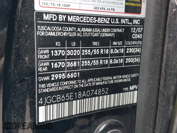 2008 Mercedes-Benz R 3.5L with VIN 4JGCB65E18A074852, listed as a IAAI auction lot 42552370 with 168,929 mi miles and . Bid and sale history available at DreamBid. Image 9.