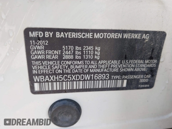 2013 BMW 5 Series 528i xDrive with VIN WBAXH5C5XDDW16893, listed as a IAAI auction lot 42316961 with 173,300 mi miles and . Bid and sale history available at DreamBid. Image 9.