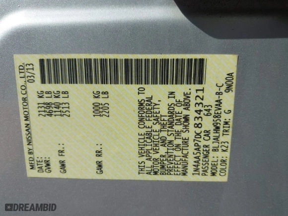 2013 Nissan Maxima 3.5 SV w/Premium Pkg with VIN 1N4AA5AP7DC834321, listed as a IAAI auction lot 41751718 with 166,407 mi miles. Bid and sale history available at carsss.com. Image 9.