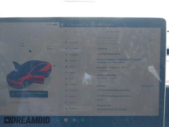 2022 Tesla Model 3 Long Range with VIN 5YJ3E1EB0NF314870, listed as a IAAI auction lot 41762301 with 38,840 mi miles and . Bid and sale history available at DreamBid. Image 7.