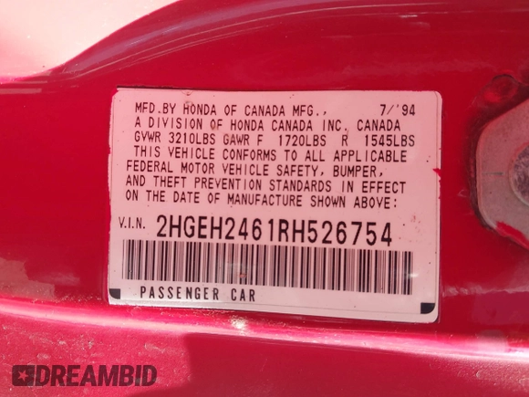 1994 Honda Civic with VIN 2HGEH2461RH526754, listed as a IAAI auction lot 42014893 with 254,475 mi miles and . Bid and sale history available at DreamBid. Image 9.