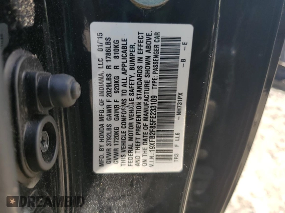 2015 Honda Civic EX z VIN 19XFB2F85FE233109, wystawiony jako Copart lot #56848625 z przebiegiem 127 896 mil mil oraz Szkoda całkowita • Salvage title. Historia ofert i sprzedaży dostępna na DreamBid. Obrazek 13.