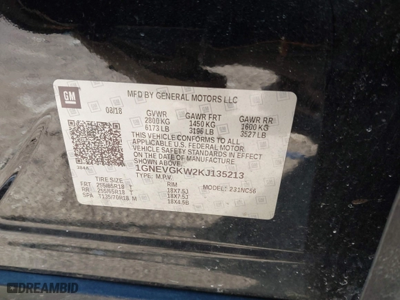 2019 Chevrolet Traverse LT Cloth with VIN 1GNEVGKW2KJ135213, listed as a IAAI auction lot 41293389 with 102,217 mi miles. Bid and sale history available at carsss.com. Image 9.