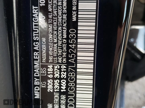 2020 Mercedes-Benz S S 560 with VIN WDDUG8GB7LA524530, listed as a Copart auction lot 68067983 with 36,408 mi miles. Bid and sale history available at carsss.com. Image 12.