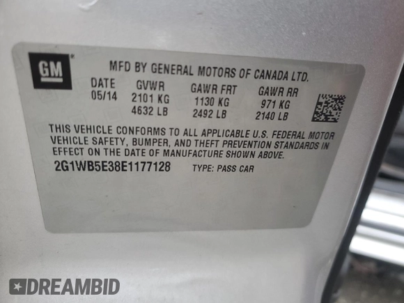 2014 Chevrolet Impala LT with VIN 2G1WB5E38E1177128, listed as a Copart auction lot 43871255 with 145,386 mi miles and Salvage Title. Bid and sale history available at DreamBid. Image 14.