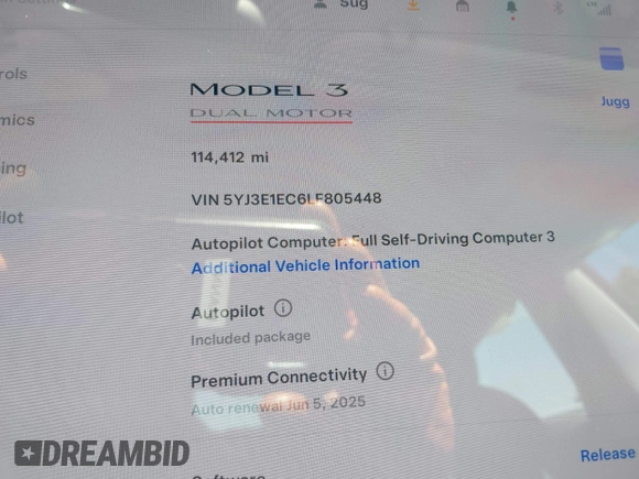 2020 Tesla Model 3 Performance z VIN 5YJ3E1EC6LF805448, wystawiony jako IAAI lot #42207433 z przebiegiem 114 412 mil mil oraz . Historia ofert i sprzedaży dostępna na DreamBid. Obrazek 7.