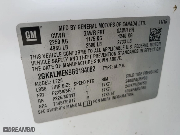 2016 GMC Terrain SLE with VIN 2GKALMEK9G6184082, listed as a Copart auction lot 86762404 with 0 mi miles and Salvage Title. Bid and sale history available at carsss.com. Image 16.