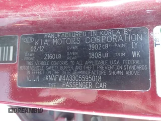 2012 Kia Forte SX with VIN KNAFW4A33C5595018, listed as a IAAI auction lot 41695047 with 187,356 mi miles. Bid and sale history available at carsss.com. Image 9.