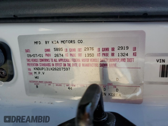 2002 Kia Sedona LX with VIN KNDUP131X26207597, listed as a Copart auction lot 81381054 with 0 mi miles and Clean Title. Bid and sale history available at carsss.com. Image 13.