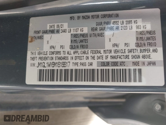 2021 Mazda 6 Carbon Edition with VIN JM1GL1WY6M1616617, listed as a IAAI auction lot 41365615 with 60,747 mi miles and . Bid and sale history available at DreamBid. Image 9.