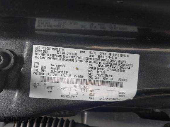 2018 Ford Focus SE with VIN 1FADP3FE2JL263954, listed as a IAAI auction lot 42480748 with 111,059 mi miles and . Bid and sale history available at DreamBid. Image 9.