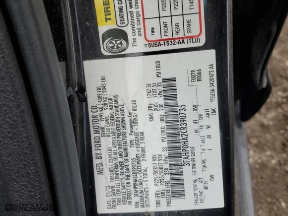2012 Ford Fusion SE with VIN 3FAHP0HA2CR390735, listed as a Copart auction lot 50382245 with 40,254 mi miles and Salvage Title. Bid and sale history available at carsss.com. Image 12.