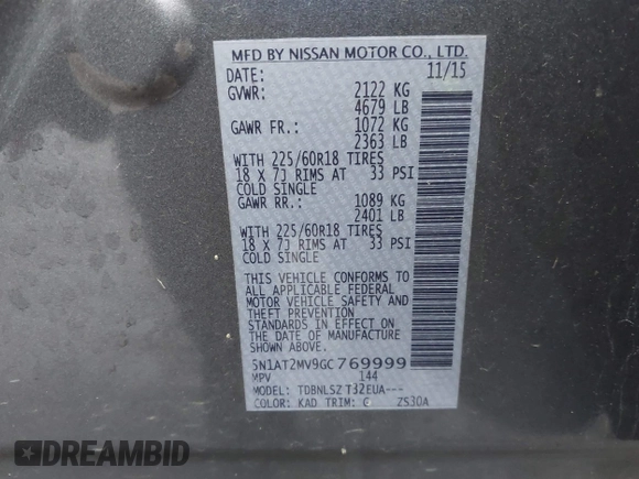 2016 Nissan Rogue SL with VIN 5N1AT2MV9GC769999, listed as a IAAI auction lot 42011030 with 89,193 mi miles and . Bid and sale history available at DreamBid. Image 9.