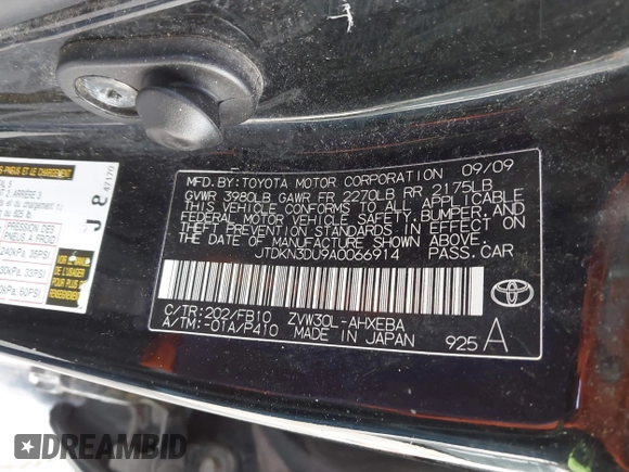 2010 Toyota Prius II with VIN JTDKN3DU9A0066914, listed as a IAAI auction lot 41865149 with 211,806 mi miles. Bid and sale history available at carsss.com. Image 9.
