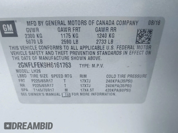 2017 Chevrolet Equinox LT with VIN 2GNFLFEK9H6161763, listed as a IAAI auction lot 41995297 with 79,309 mi miles and . Bid and sale history available at DreamBid. Image 9.