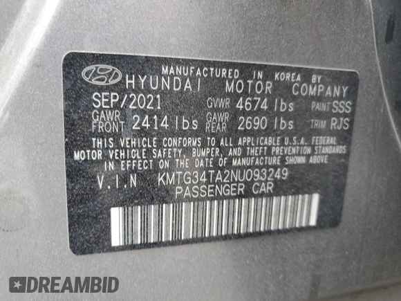 2022 Genesis G70 2.0T with VIN KMTG34TA2NU093249, listed as a Copart auction lot 73362604 with 55,844 mi miles and Salvage Title. Bid and sale history available at carsss.com. Image 14.