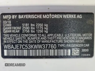 2019 BMW 5 Series 540i xDrive with VIN WBAJE7C53KWW37760, listed as a Copart auction lot 84263044 with 44,687 mi miles and Salvage Title. Bid and sale history available at carsss.com. Image 12.