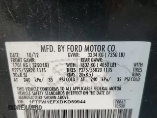 2013 Ford F-150 XL with VIN 1FTFW1EFXDKD59944, listed as a Copart auction lot 58673165 with 198,531 mi miles and Salvage title. Bid and sale history available at DreamBid. Image 12.