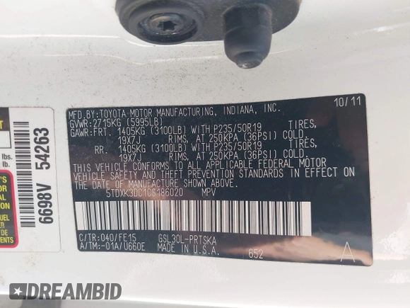 2012 Toyota Sienna SE z VIN 5TDXK3DC1CS186020, wystawiony jako IAAI lot #42471455 z przebiegiem 215 048 mil mil oraz . Historia ofert i sprzedaży dostępna na DreamBid. Obrazek 9.