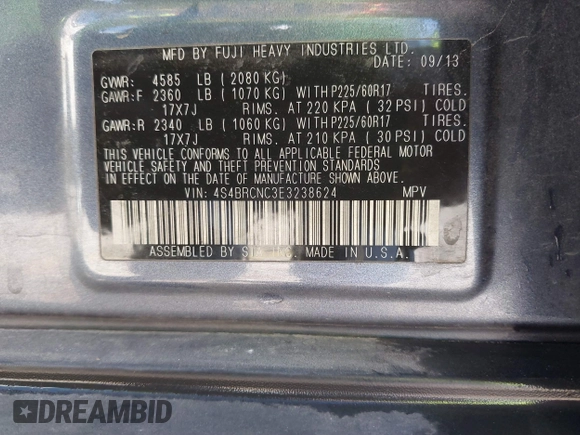 2014 Subaru Outback 2.5i Limited with VIN 4S4BRCNC3E3238624, listed as a IAAI auction lot 41692100 with 128,759 mi miles. Bid and sale history available at carsss.com. Image 9.