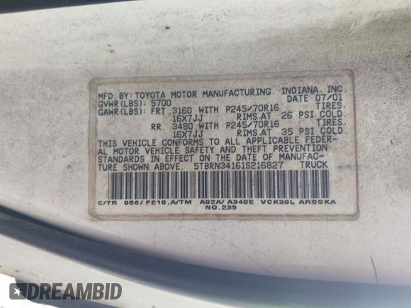 2001 Toyota Tundra SR5 with VIN 5TBRN34161S216827, listed as a IAAI auction lot 41942730 with 204,185 mi miles and . Bid and sale history available at DreamBid. Image 9.