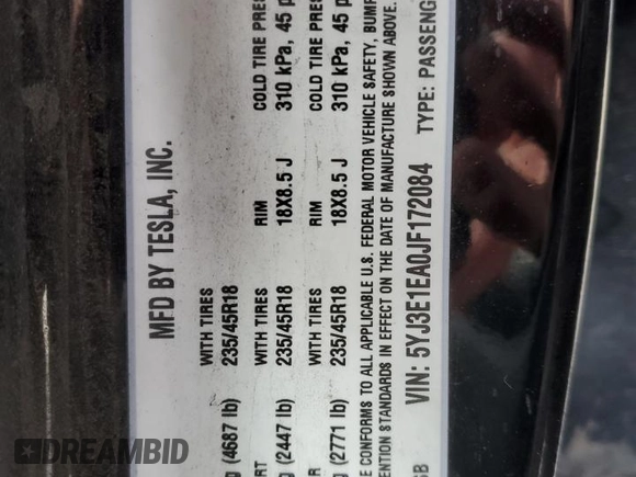 2018 Tesla Model 3 Long Range Battery with VIN 5YJ3E1EA0JF172084, listed as a Copart auction lot 45617965 with Not Provided miles and Salvage Title. Bid and sale history available at DreamBid. Image 14.