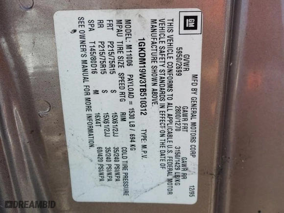 1996 GMC Safari Passenger with VIN 1GKDM19W3TB510312, listed as a Copart auction lot 69528134 with NaN miles and Salvage Title. Bid and sale history available at carsss.com. Image 13.