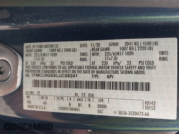 2020 Ford Escape SE z VIN 1FMCU9G6XLUC68241, wystawiony jako IAAI lot #42445888 z przebiegiem 39 712 mil mil oraz . Historia ofert i sprzedaży dostępna na DreamBid. Obrazek 9.