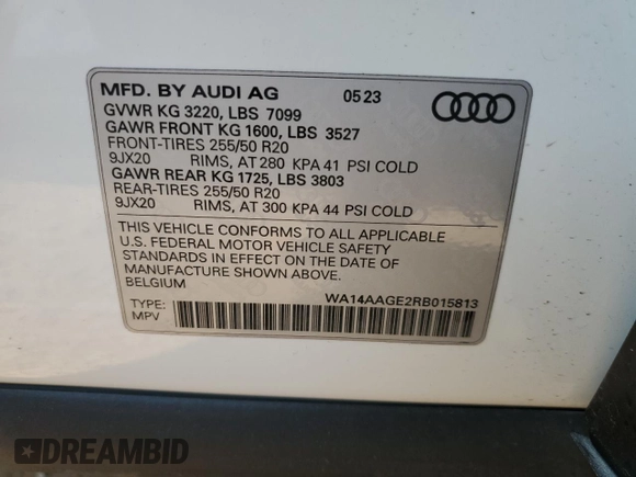 2024 Audi Q8 e-tron Premium z VIN WA14AAGE2RB015813, wystawiony jako Copart lot #61265424 z przebiegiem 1 315 mil mil oraz Szkoda całkowita • Salvage title. Historia ofert i sprzedaży dostępna na DreamBid. Obrazek 14.