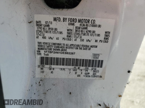2013 Ford F-250 XL with VIN 1FTBF2A61DEB82287, listed as a Copart auction lot 68274704 with 66,395 mi miles and Clean Title. Bid and sale history available at DreamBid. Image 13.