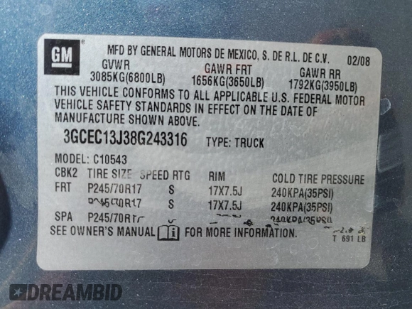 2008 Chevrolet Silverado 1500 1LT with VIN 3GCEC13J38G243316, listed as a Copart auction lot 45857755 with 203,734 mi miles and Salvage Title. Bid and sale history available at DreamBid. Image 12.