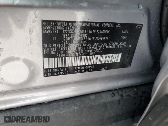 2024 Toyota RAV4 Hybrid XLE Premium with VIN 4T3B6RFV9RU167402, listed as a Copart auction lot 89083875 with 5,923 mi miles and Salvage Title. Bid and sale history available at DreamBid. Image 14.