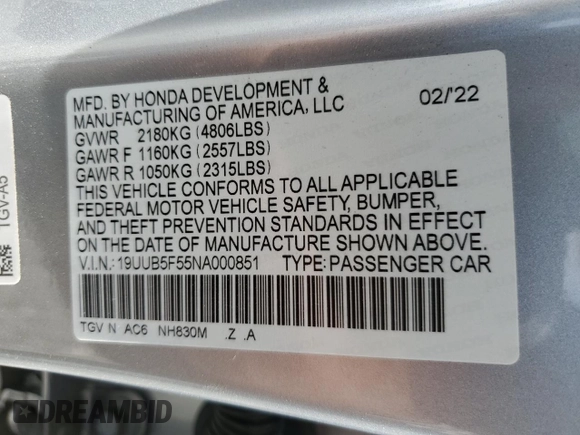2022 Acura TLX w/A-Spec Package with VIN 19UUB5F55NA000851, listed as a Copart auction lot 54745015 with 44,219 mi miles and Salvage title. Bid and sale history available at DreamBid. Image 12.