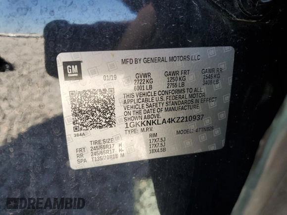 2019 GMC Acadia SLE with VIN 1GKKNKLA4KZ210937, listed as a Copart auction lot 49318225 with 99,500 mi miles and Non Repairable. Bid and sale history available at carsss.com. Image 13.