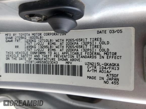 2005 Toyota 4Runner SR5 with VIN JTEBT14R658023043, listed as a Copart auction lot 55941145 with 126,757 mi miles and Salvage Title. Bid and sale history available at DreamBid. Image 14.