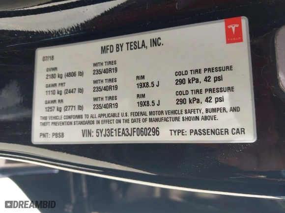 2018 Tesla Model 3 Long Range Battery with VIN 5YJ3E1EA3JF060296, listed as a IAAI auction lot 41901636 with 110,847 mi miles. Bid and sale history available at carsss.com. Image 9.