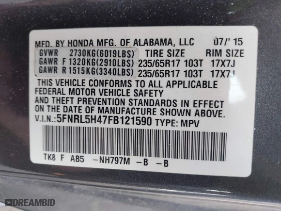2015 Honda Odyssey EX with VIN 5FNRL5H47FB121590, listed as a IAAI auction lot 41985192 with 145,454 mi miles. Bid and sale history available at carsss.com. Image 9.