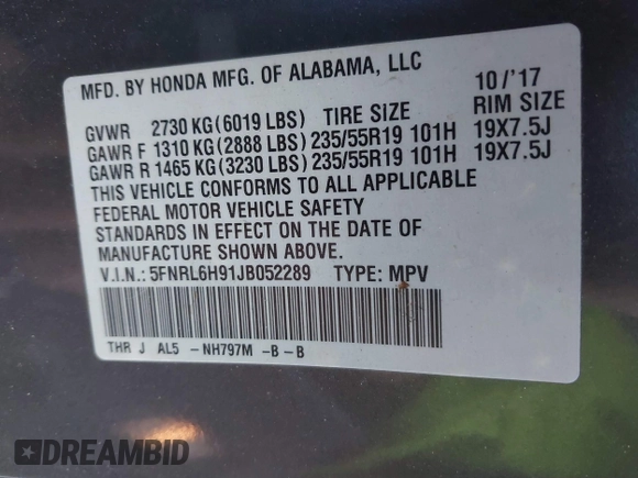 2018 Honda Odyssey Elite with VIN 5FNRL6H91JB052289, listed as a IAAI auction lot 41336068 with 94,685 mi miles and . Bid and sale history available at DreamBid. Image 9.