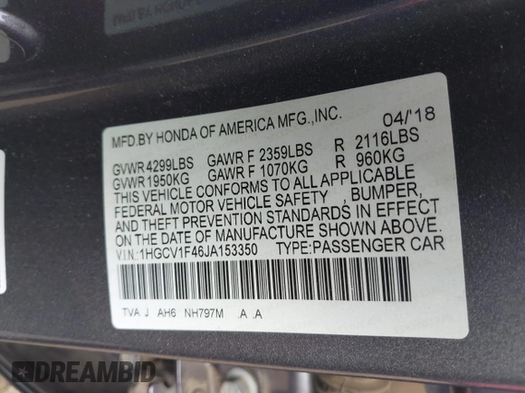 2018 Honda Accord EX with VIN 1HGCV1F46JA153350, listed as a IAAI auction lot 42057469 with 188,592 mi miles and . Bid and sale history available at DreamBid. Image 9.