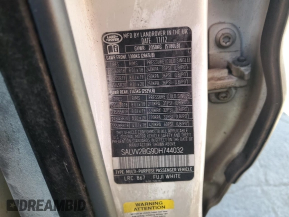 2013 Land Rover Range Rover Evoque Prestige Premium with VIN SALVV2BG9DH744032, listed as a Copart auction lot 47871875 with Not provided miles and Salvage title. Bid and sale history available at DreamBid. Image 13.