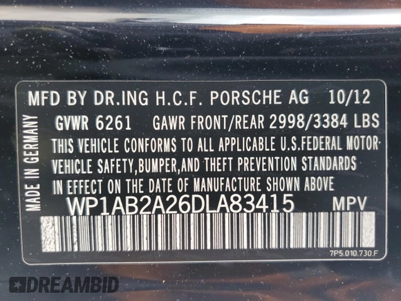 2013 Porsche Cayenne S with VIN WP1AB2A26DLA83415, listed as a Copart auction lot 58586125 with 141,439 mi miles and Salvage title. Bid and sale history available at DreamBid. Image 14.