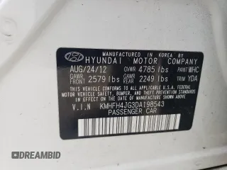 2013 Hyundai Azera with VIN KMHFH4JG3DA198543, listed as a Copart auction lot 68911314 with 152,602 mi miles and Salvage Title. Bid and sale history available at carsss.com. Image 12.