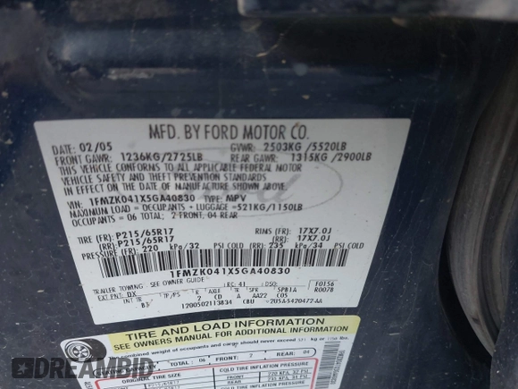 2005 Ford Freestyle SE with VIN 1FMZK041X5GA40830, listed as a IAAI auction lot 42323519 with Not provided miles and . Bid and sale history available at DreamBid. Image 9.