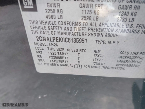 2012 Chevrolet Equinox LT w/2LT with VIN 2GNALPEK0C6135951, listed as a IAAI auction lot 41785986 with 167,245 mi miles. Bid and sale history available at carsss.com. Image 9.