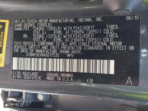 2010 Toyota Highlander SE z VIN 5TDKK3EHXAS017535, wystawiony jako IAAI lot #41965758 z przebiegiem 216 314 mil mil oraz . Historia ofert i sprzedaży dostępna na DreamBid. Obrazek 9.